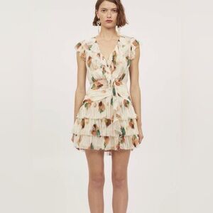 ULLA JOHNSON Size 12 • Zina White Silk Ruffle Tiered Short Sleeve Mini Dress.